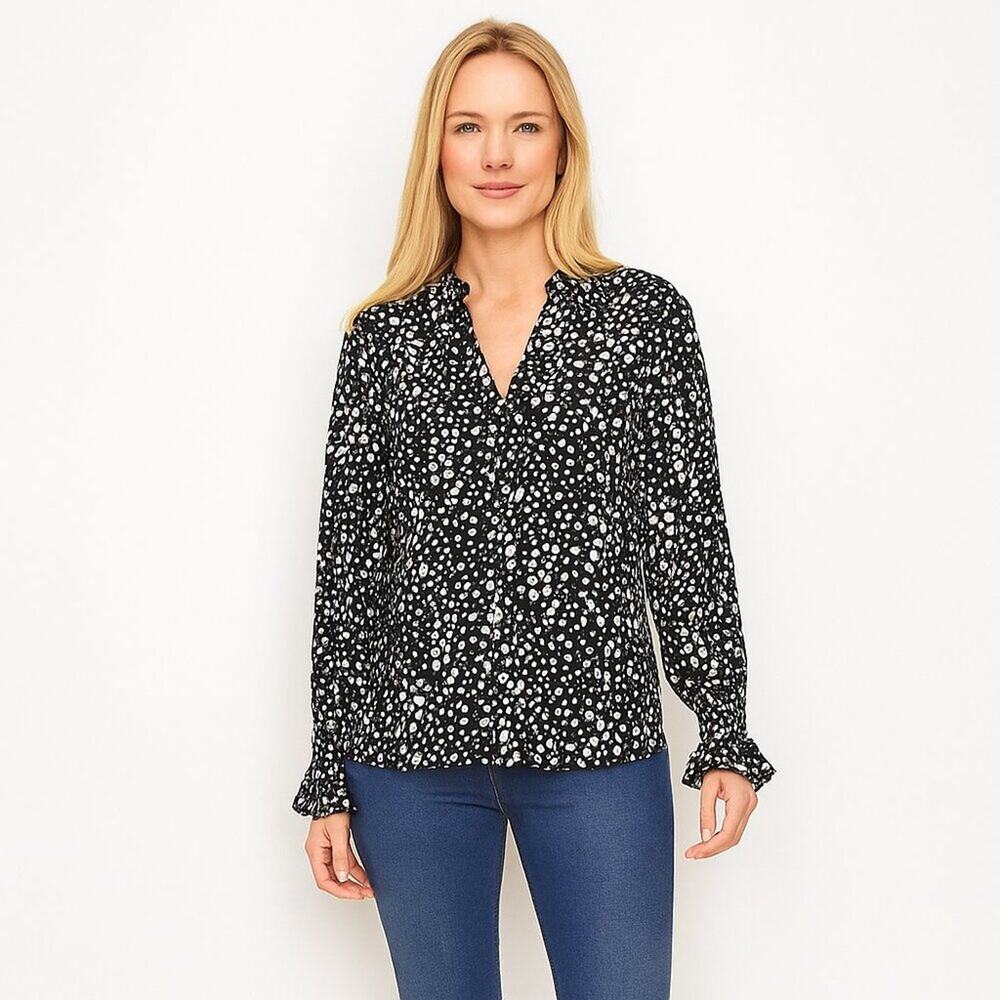 2/$30 Ecowish All Over Spot Blouson Sleeve Blouse Black Large #A0296 TRB2
